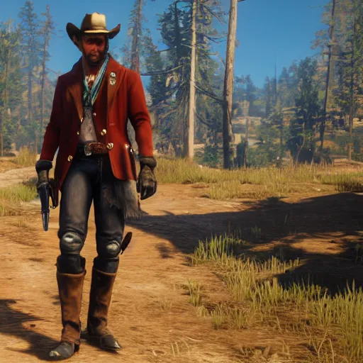 Image similar to video game screenshot of an anthropomorphic fox wearing western clothing as a character in red dead redemption 2