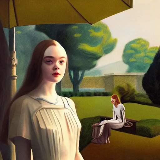 Image similar to Elle Fanning, head and shoulders masterpiece, in Kotor, golden hour, in a garden, artstation, in the style of Art Deco and Edward Hopper and Bosch, extremely detailed