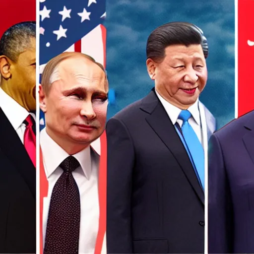 Image similar to vladimir putin, obama, trump and xi jinping at a strip club, hyperrealistic face