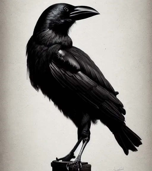 Prompt: portrait of a beautiful crow sitting upon a table with heightened detail, detailed facial expression, detailed surroundings, elegant, highly detailed, centered, digital painting, artstation, concept art, smooth, sharp focus, illustration, by ( leonardo da vinci ), wlop