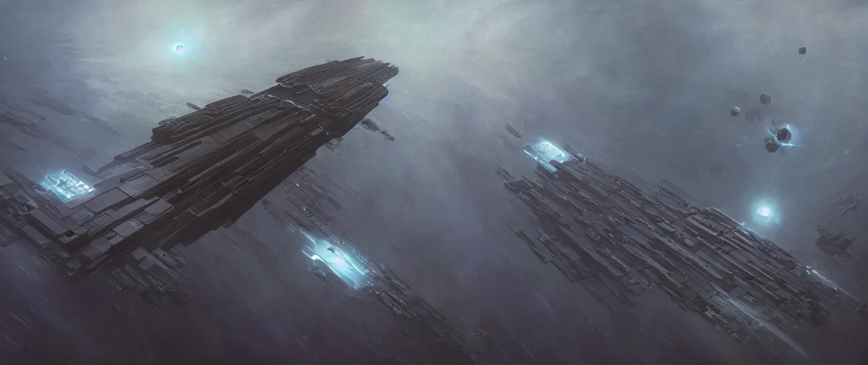Prompt: concept art, a single and huge generation ship, a spaceship traveling to new worlds, deep space exploration, the expanse tv series, industrial design, dynamic angle, high energy and motion, spatial phenomena, cinematic lighting, 4k, greebles, widescreen, wide angle, beksinski, sharp and blocky shapes