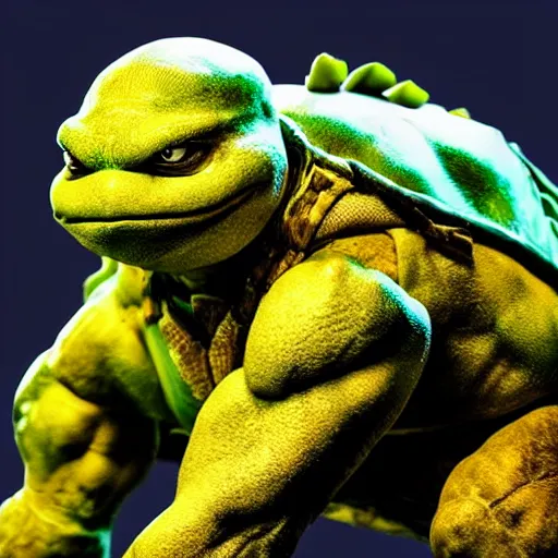 Image similar to teenage mutant ninja turtle, epic action movie still, hyper realistic award winning creature photography, epic volumetric lighting, border of glowing green radioactive ooze dripping, detailed face, golden ratio