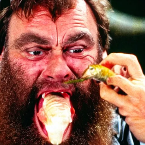 Image similar to film still close up shot of brian blessed swallowing a fish whole