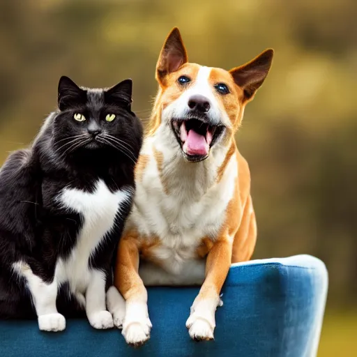 Image similar to a smiling dog sitting on top of a cat, professional photography