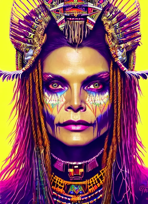 Image similar to portrait of michelle pfeiffer, hyper detailed ultra sharp aztec shaman warrior. trending on artstation, warpaint aesthetic, bloodwave, colorful, psychedelic, ornate, intricate, digital painting, concept art, smooth, sharp focus, illustration, art by artgerm and greg rutkowski and h. r. giger, 8 k