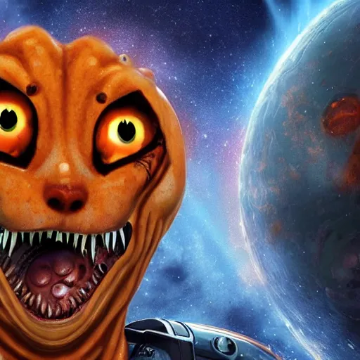 Image similar to eldritch horror bloody garfield in space, hd, 8 k, giant, epic, realistic photo, unreal engine, stars, prophecy, powerful, cinematic lighting, destroyed planet, debris, violent, sinister, ray tracing, dynamic, epic composition, dark, horrific, teeth, grotesque, monochrome drawing, hellscape