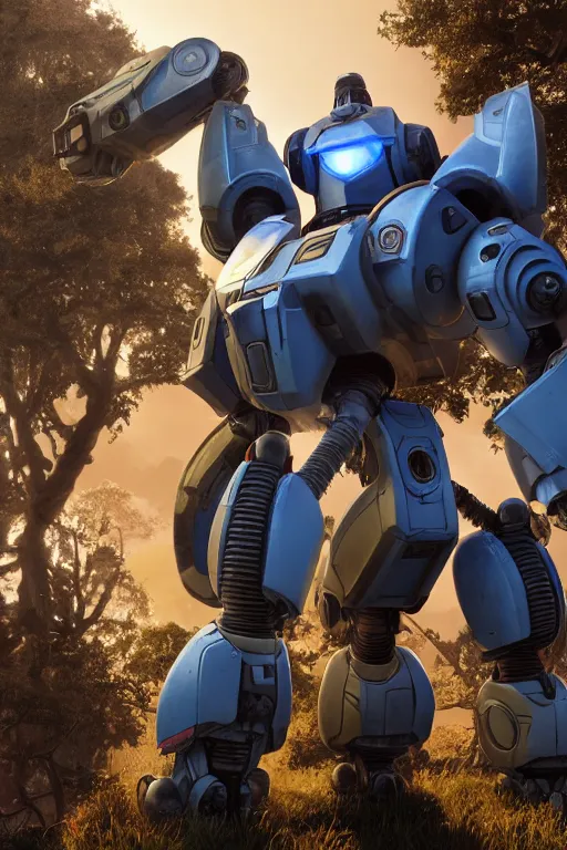 Image similar to mechwarrior 5 : mercenaries mech megaman transformer robot boss tank engine game octane render, 4 k, hd 2 0 2 2 3 d cgi rtx hdr style chrome reflexion glow fanart, global illumination ray tracing hdr fanart arstation by ian pesty by jesper ejsing pixar and disney unreal zbrush central hardmesh