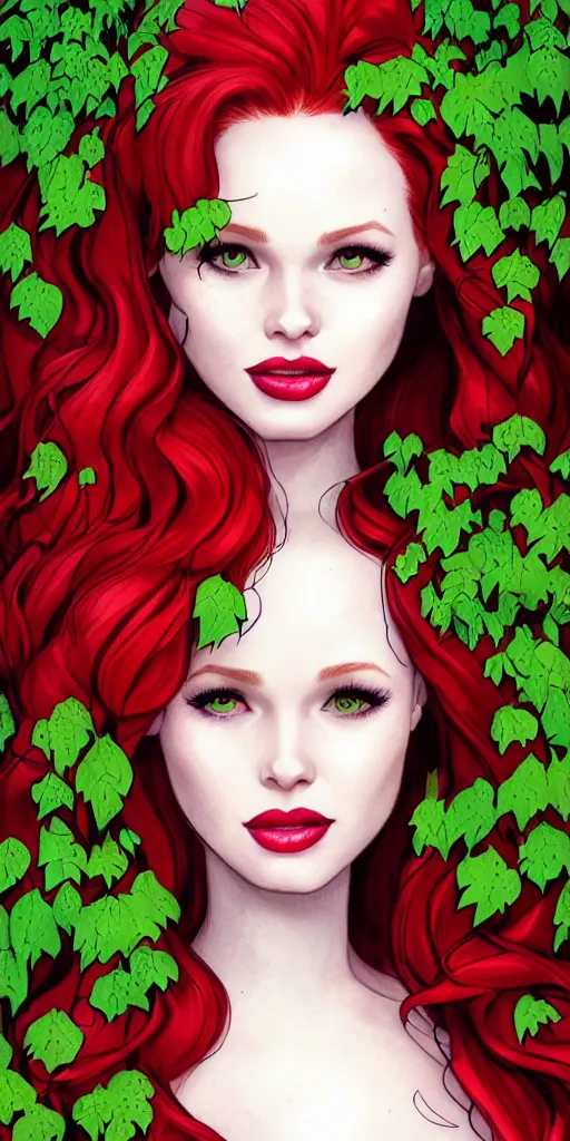 Prompt: beautiful Madelaine Petsch poison ivy DC comics, evil smile, green dress, realistic character concept, fun pose, comic book, illustration, slender symmetrical face and body, surrounded by vines flowers and plants, artstation, cinematic lighting, hyperdetailed, high resolution, Charlie Bowater, Tom Bagshaw, single face, insanely detailed and intricate, beautiful