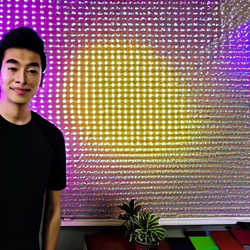 Image similar to a 2 6 year old asian daytrader named jay standing proudly in front of triangular nanoleaf led lights on his wall