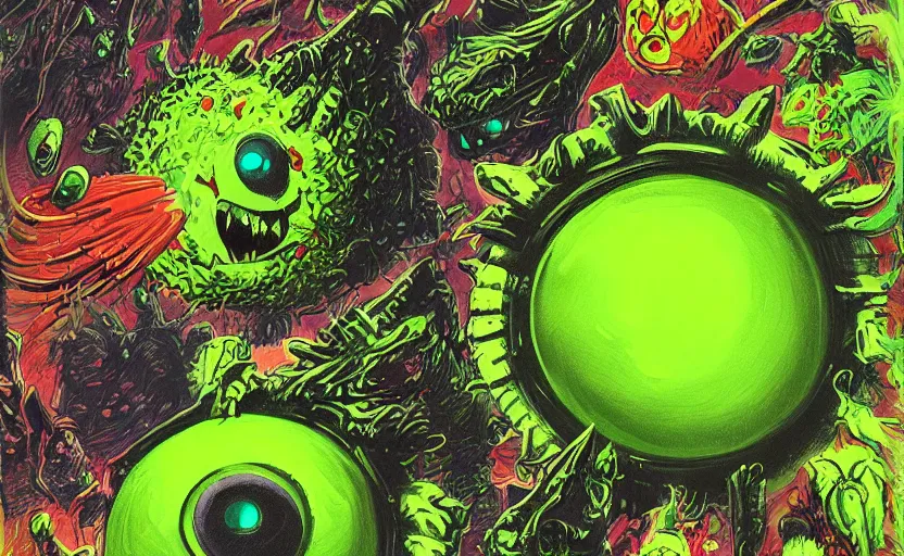 Image similar to an army of different green tennis ball monsters, in space, digital art, fantasy, magic, chalk, trending on artstation, ultra detailed, detailed, fine details, professional illustration by basil gogos