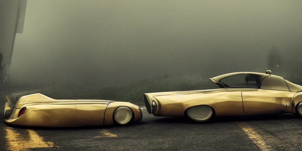 Image similar to parked retro futuristic vintage polished car, fog, rain, volumetric lighting, beautiful, golden hour, sharp focus, highly detailed, cgsociety