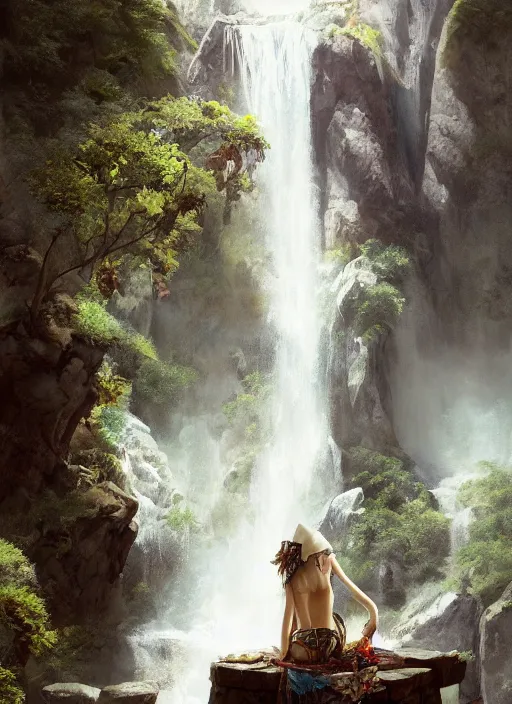 Prompt: a sage in fabrics under a waterfall in a beautiful mountainous area, in style arcane, musician, musical keyboard, hyper detailed, digital art, trending in artstation, cinematic lighting, studio quality, smooth render, unreal engine 5 rendered, octane rendered, art style by joseph christian leyendecker and wlop and krenz cushart