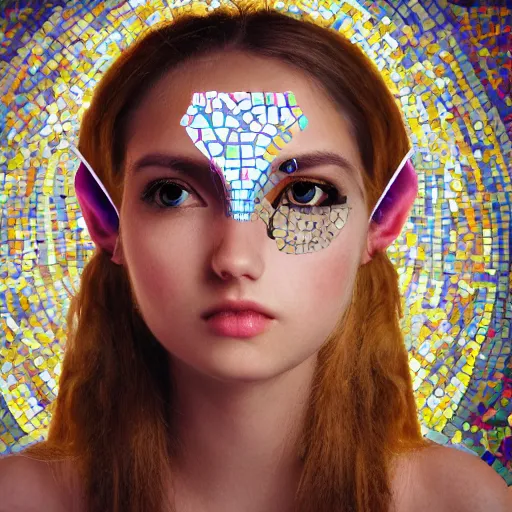 Image similar to portrait mosaic of a beautiful cute girl with robot ears and eyes, 4k, intricate details