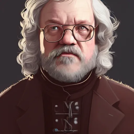 Prompt: portrait of George R.R. Martin as Tyrion Lannister wearing glasses with grey hair, raising a glass of red wine, fantasy leather clothing, ambient lighting, 4k, anime key visual, lois van baarle, ilya kuvshinov, rossdraws, artstation