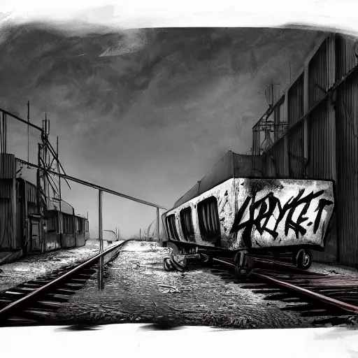 Image similar to a punk painting graffitis on a train wagon full of graffitis in an abandoned train yard at sunset, cyberpunk city, melancholic atmosphere, matte painting, revok, jonone, epic masterpiece, romanticism, cope 2, digital art, ultra detailed, trending on artstation, marc simonetti,