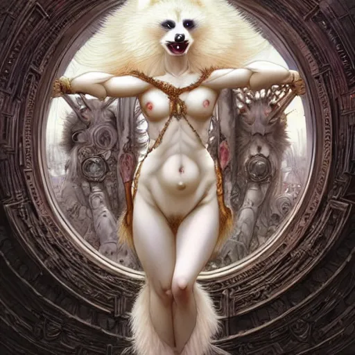 Image similar to an albino raccoon as the roman goddess of chaos!! intricate elegant, highly detailed, digital painting, artstation, concept art, smooth, sharp focus, illustration, art by ( ( ( artgerm ) ) ) and greg rutkowski! and ( ( alphonse mucha ) ), heavily influenced by frank frazetta and boris vallejo, sword and sorcery