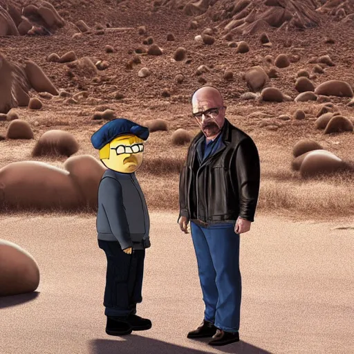 Prompt: walter white from breaking bad wearing a leather jacket, meets with eric cartman in the desert, day time, photograph, realistic