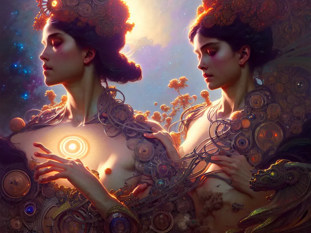 Image similar to ultra realistic, cosmic goddess, sci-fi, intricate details, eerie, highly detailed, octane render, 8k, art by artgerm and greg rutkowski and alphonse mucha