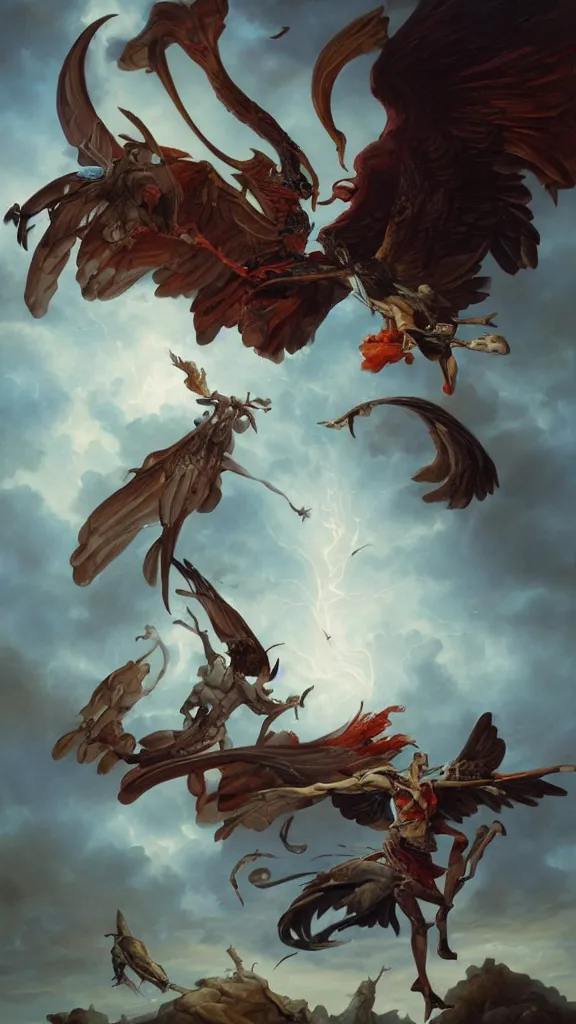 Image similar to an anatomical oil painting of a Harpy battling a knight from a medical journal by Peter Mohrbacher and Julie Bell, highly detailed, high detail, 8k, storm clouds, birds, dramatic lighting