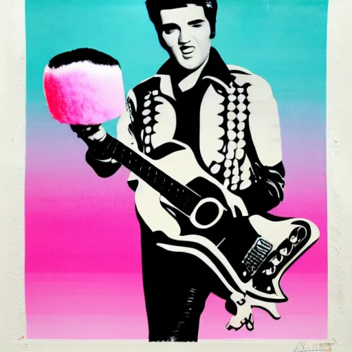 Image similar to Elvis Presley, pop art, cotton Candy, mushroom guitar,