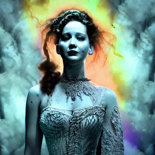 Image similar to a realistic detailed studio portrait photo of jennifer lawrence as the the bride of frankenstein, vaporwave