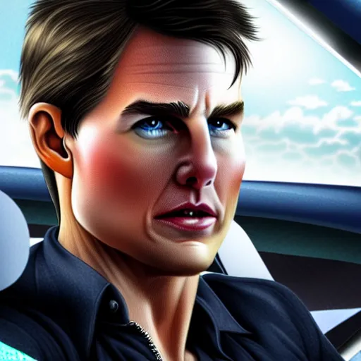 Prompt: photorealistic, tom cruise, high detail, driving his tesla