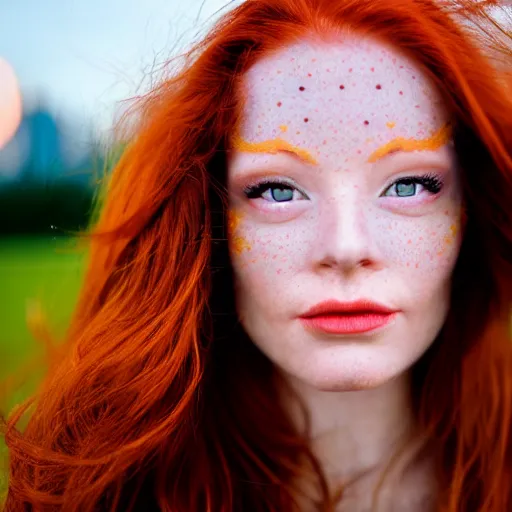 Image similar to close up portrait photo of the left side of the face of a redhead woman with galaxy of stars inside her eyes, she looks directly at the camera. Slightly open mouth, face covers half of the frame, with a park visible in the background. 135mm nikon. Intricate. Very detailed 8k. Sharp. Cinematic post-processing. Award winning photography