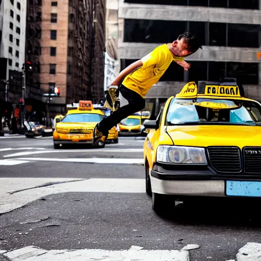 Image similar to skateboarder kickflipping over a yellow taxi, nyc street photograph, award winning, 4k