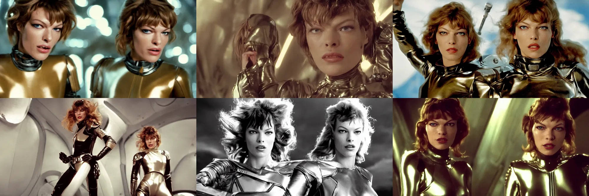 Prompt: a portrait of milla jovovich as barbarella wearing a leather spacesuit, beautiful, soft focus, depth of field, cinematic, film grain, wide shot, in the style of kubrick, ridley scott, star wars
