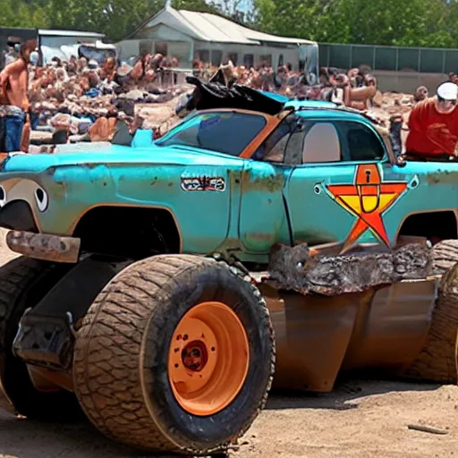 Prompt: Tow Mater in Madd Maxx demolition derby
