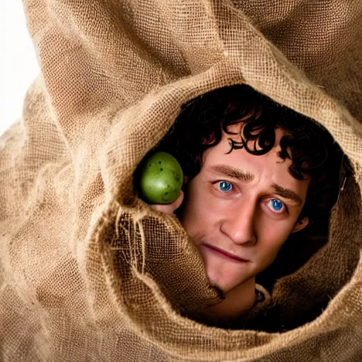 Image similar to frodo from lord of the rings in a burlap sack of potatoes, and the sack has many potatoes in it, photography, realistic, mid shot, in his hobbit home, cinematic lighting