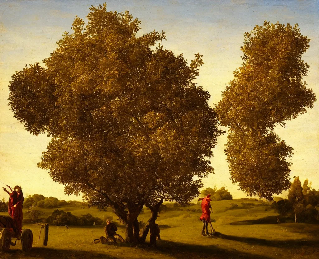 Prompt: Apple harvester stands on the side of an apple tree, classical painting, symmetrical, realism, golden hour