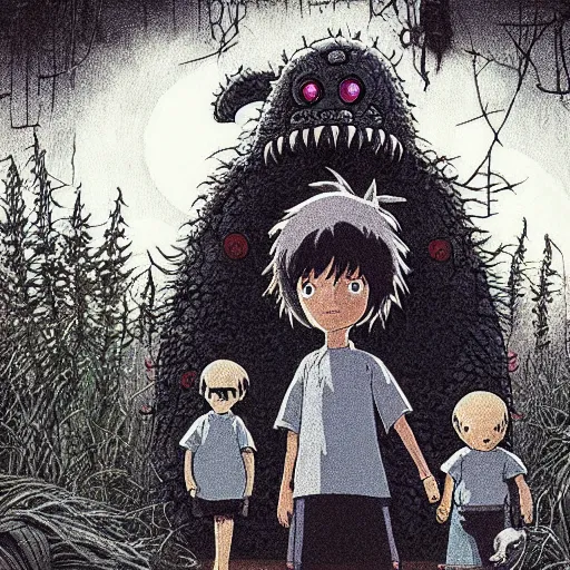 Image similar to monster lurking behind a happy family by studio ghibli, color, highly detailed, detailed, intricate, scary, horror, eerie, nightmares, dark, dramatic, 8 k