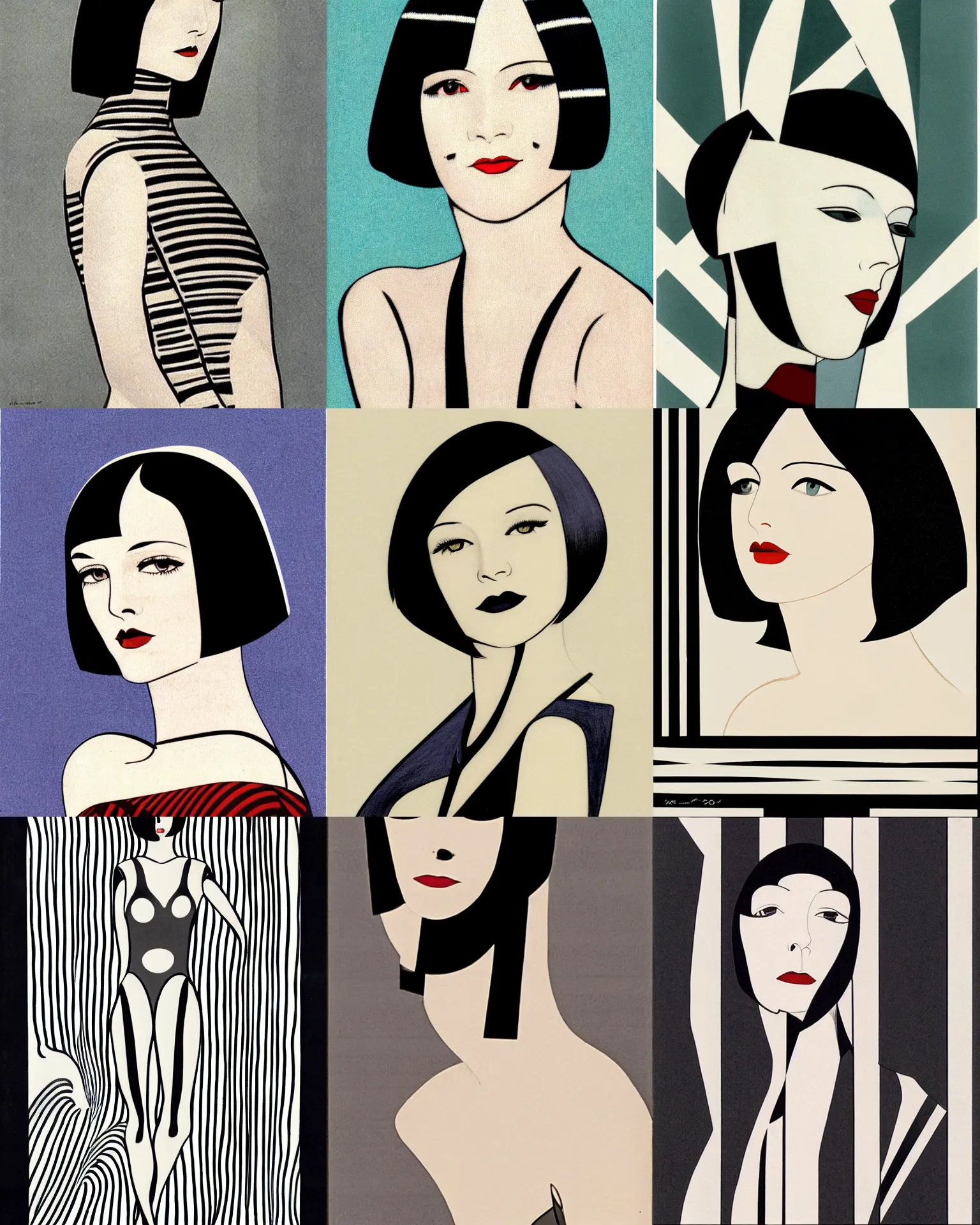 Prompt: mary louise brooks 2 0 years old, bob haircut, portrait by franco barberis and patrick nagel, 1 9 2 0 s, straight lines, art deco stripe pattern, right angles