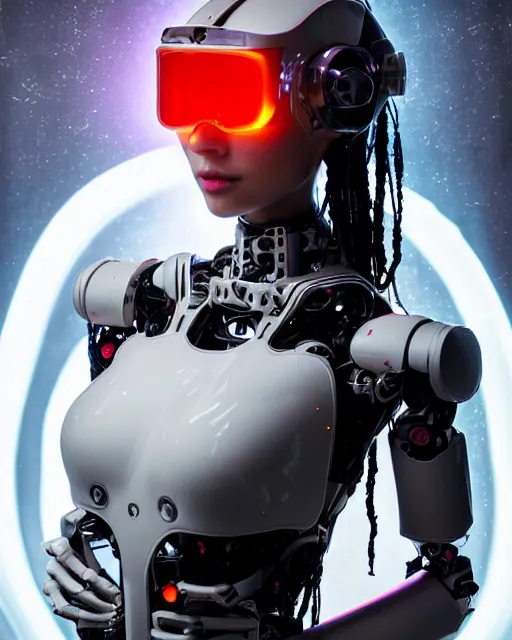 Prompt: centered portrait photo by leonardo da vinci of soulful girl as a cyberpunk mecha humanoid robotic parts wearing goggles with bright lights, holding a pudica pose, inside white room, ultra - realistic and detailed, 8 k