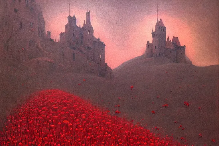 Image similar to only with red, red flowers of different types, a red tiger, a castle in the background, medieval demons dance over the flowers, an ancient path, in the style of beksinski, part by hopper, part by rodcenko, part by hofbauer, intricate composition, red by caravaggio, insanely quality, highly detailed, masterpiece, red light, artstation