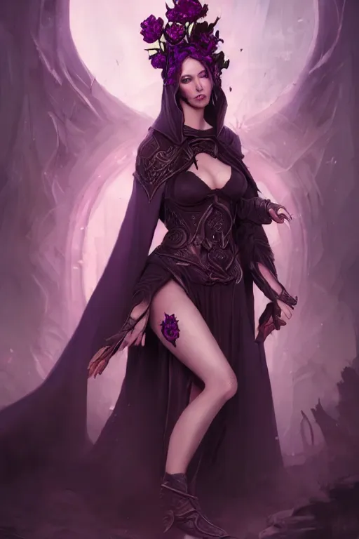 Prompt: Fantasy portrait, Necromancer, female, beautiful face, dark garments, dark pruple robes, midriff, Black cloak from neck to ankles, flowers leg tattoos, pin-up, shapely derriere, matte painting, by WLOP, artstation