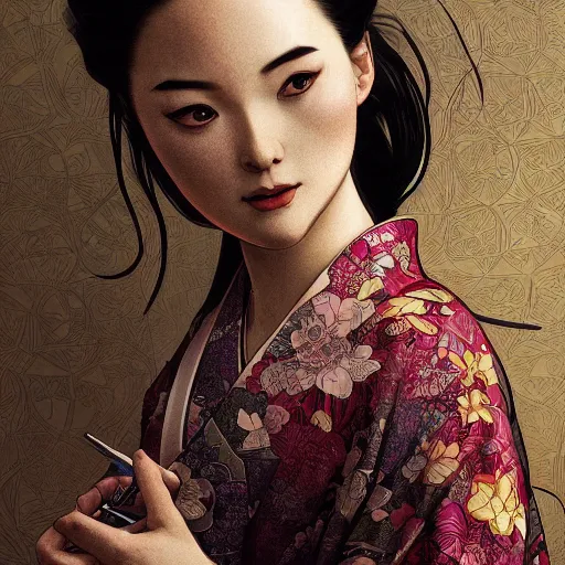 Image similar to hyperdetailed portrait of a woman in a kimono, digital painting, artstation hq, sharp foccus ilustration, artstation hq. intricate, elegant. wlop, artgerm, greg rutkowski, alphonse mucha, medium shot. dan mumford, tomokazu matsuyama, takato 4 yamamoto