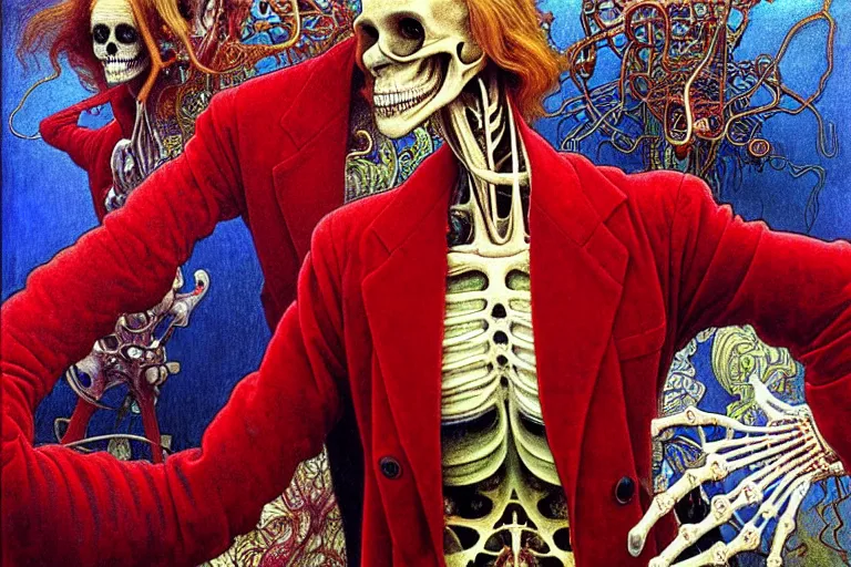 Prompt: realistic detailed closeup portrait painting of a single skeleton wearing red velvet blazer in a crowded futuristic moscow street by Jean Delville, Amano, Yves Tanguy, Alphonse Mucha, Ernst Haeckel, Ilya Repin, Edward Robert Hughes, Andrei Tarkovsky, Roger Dean, rich moody colours, blue eyes