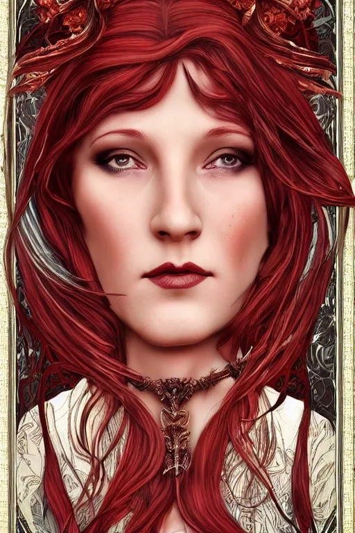 Image similar to art nouveau goddess face and red hair : : horror : : framed in art nouveau scroll work : : perfect female face : : vfx, postprocessing, cgsociety, 8 k, high resolution, enhanced 8 k render, sharp details, hyperrealistic, cinematic, moody, insane details, high resolution, movie concept art