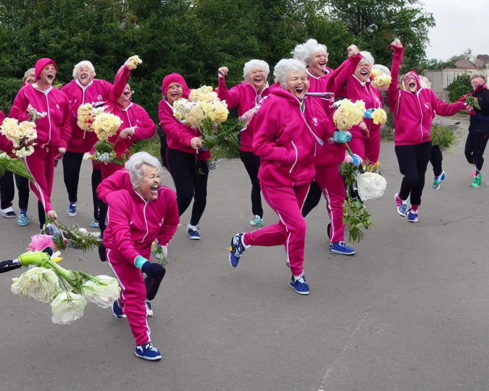 Image similar to a gang of old ladies frying pans, and carrying flowers, and wearing Umbro track suits laughing maniacally and screaming