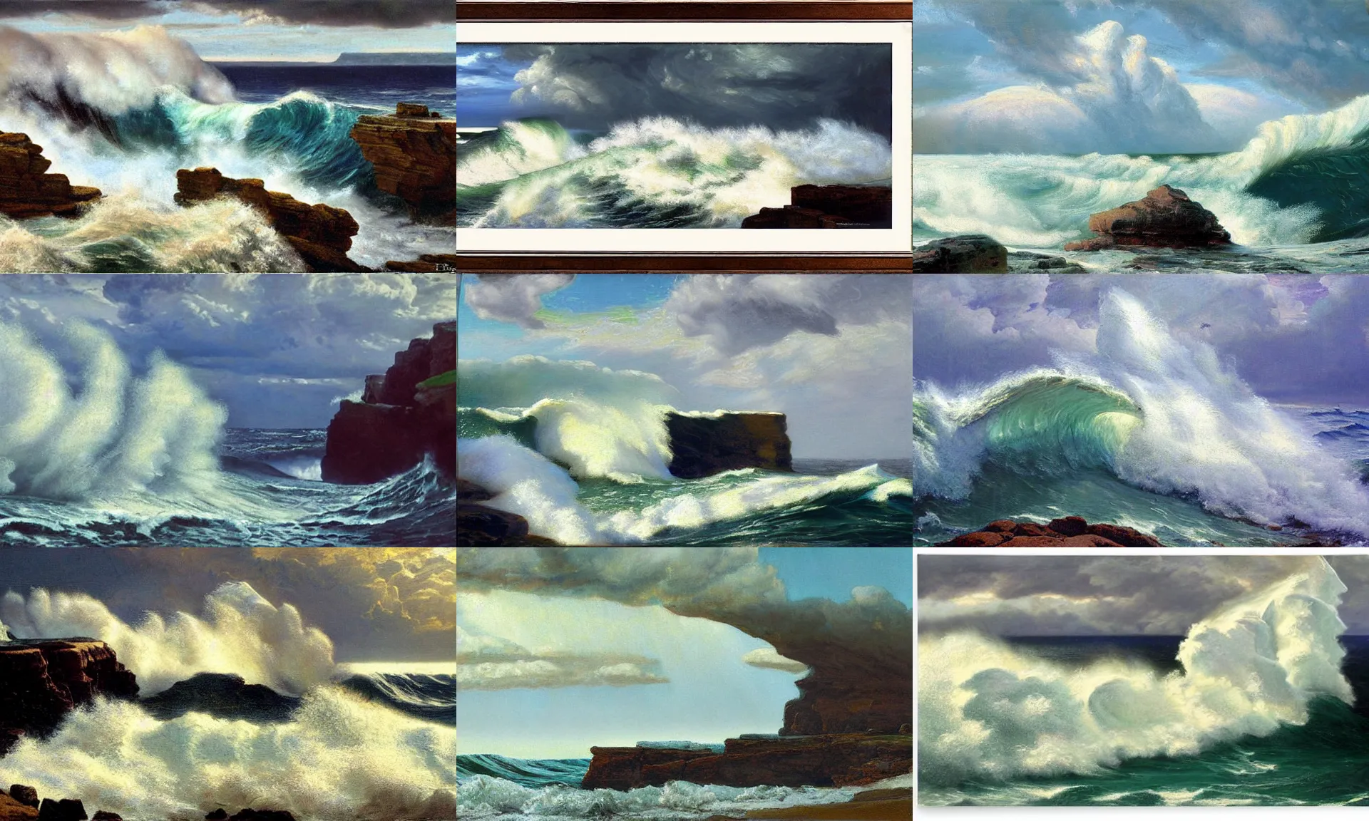 Prompt: big waves, cliffs, stormy sky, cumulonimbus, realism, seascape artwork by frederick judd waugh and Russ Kramer and christopher blossom