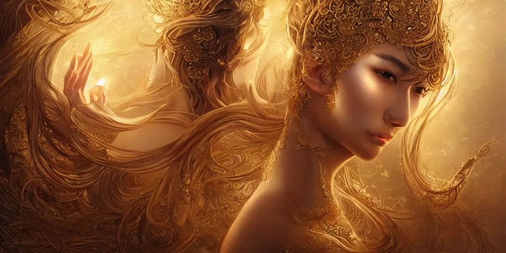 Image similar to asian nymph goddess, of bliss flowing golden silk twisting with elegant tattoos of cursive golden inked sigils on her opalescent skin, fantasy, intricate, very beautiful, elegant, golden light, highly detailed, art by artgerm and greg rutkowski and peter mordenbacher