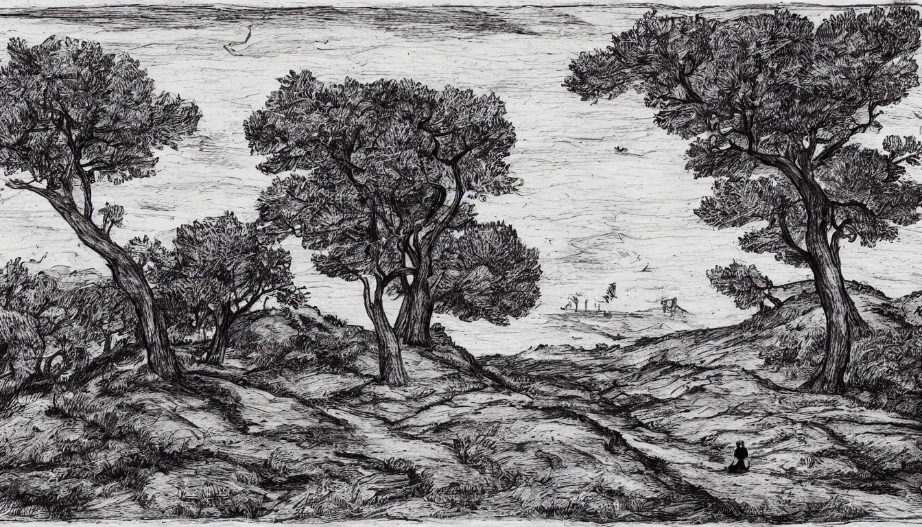 Prompt: a person sits on a hill overlooking a river, wind blown trees, pen and ink, 1 5 0 0 s, 8 k resolution