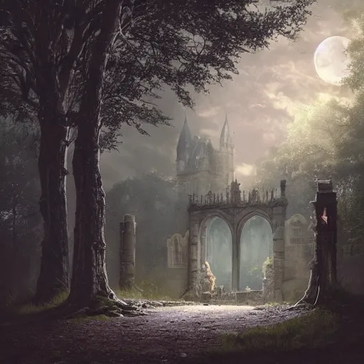 Prompt: a hidden entrance in the trees, victorian setting, dramatic light, castle background, clouds, moon, storm, night, high detail, fantasy background, painted by greg rutkowski, digital art, trending on artstation