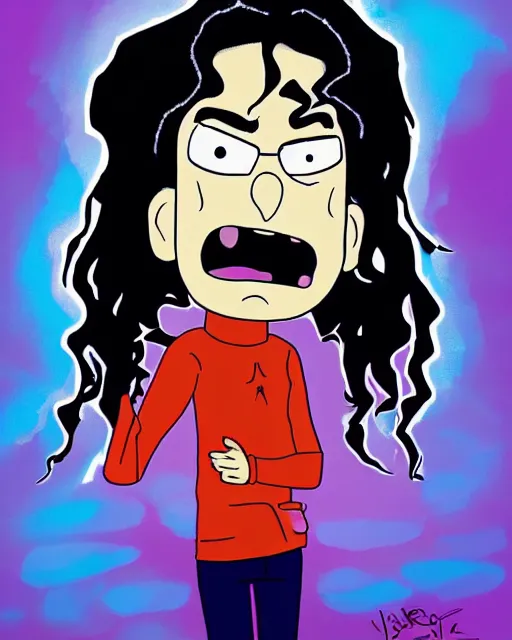 Image similar to portrait of michael jackson in the style of justin roiland. cinematic lighting. style of rick & morty. photographic, photography. by justin roiland