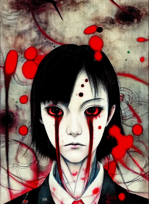 Image similar to yoshitaka amano blurred and dreamy realistic three quarter angle horror portrait of a sinister young woman with short hair, horns and red eyes wearing office suit with tie, junji ito abstract patterns in the background, satoshi kon anime, noisy film grain effect, highly detailed, renaissance oil painting, weird portrait angle, blurred lost edges