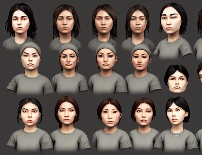 Image similar to six girls with masculine faces in prison behind bars, unreal engine