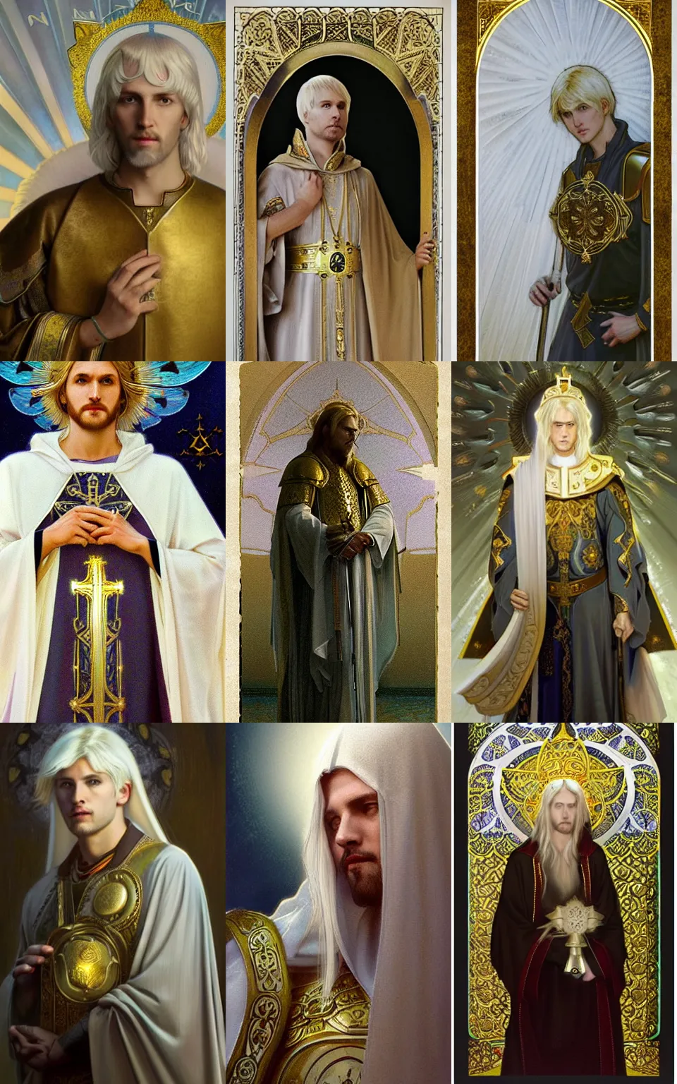 Prompt: medium closeup calm and pious male aasimar paladin with no bear and halo above head, medium length platinum blonde hair, wearing white slate grey and gold vestments healing a wounded man with holy magic, pensive expression, highly detailed, cinematic lighting, illustration, painterly, art by Krenz Cushart and Artem Demura and alphonse mucha, intricate, masterpiece, fantasy, halo of light, d&d