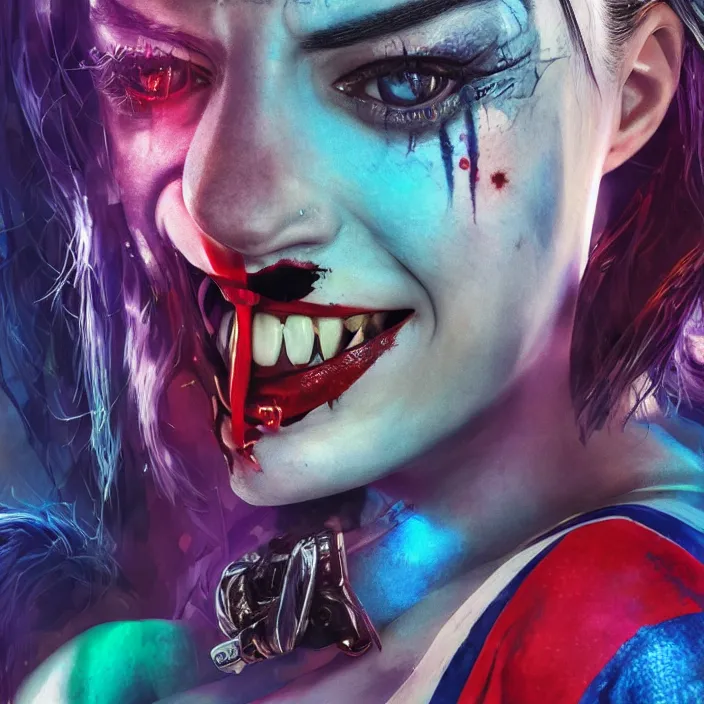 Image similar to portrait of Anne Hathaway as a harley quinn in Suicide Squad. intricate abstract. intricate artwork. by Tooth Wu, wlop, beeple, dan mumford. octane render, trending on artstation, greg rutkowski very coherent symmetrical artwork. cinematic, hyper realism, high detail, octane render, 8k, iridescent accents